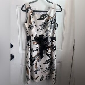 MINT Sleeveless Floral Satin Dress with Black Waist Tie - White/Cream